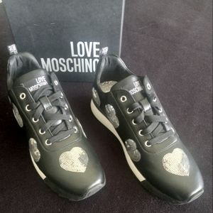 Love Moschino Sneakers Shoes Sz 40 Women Black Glitter Hearts